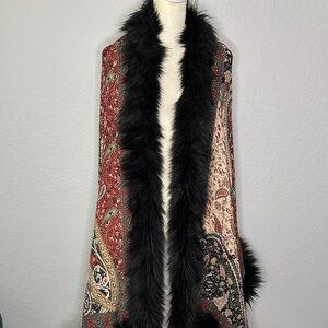 Black Multicolor Paisley Fur-trimmed Shawl Adorned with Metallic Beads 82”x62”